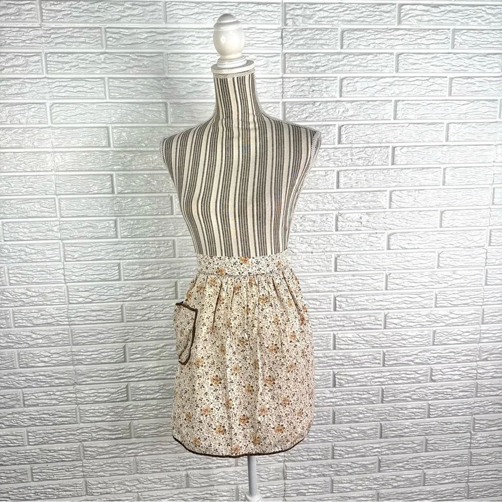 Vintage Handmade Brown and Beige Floral Half Apron with Pocket